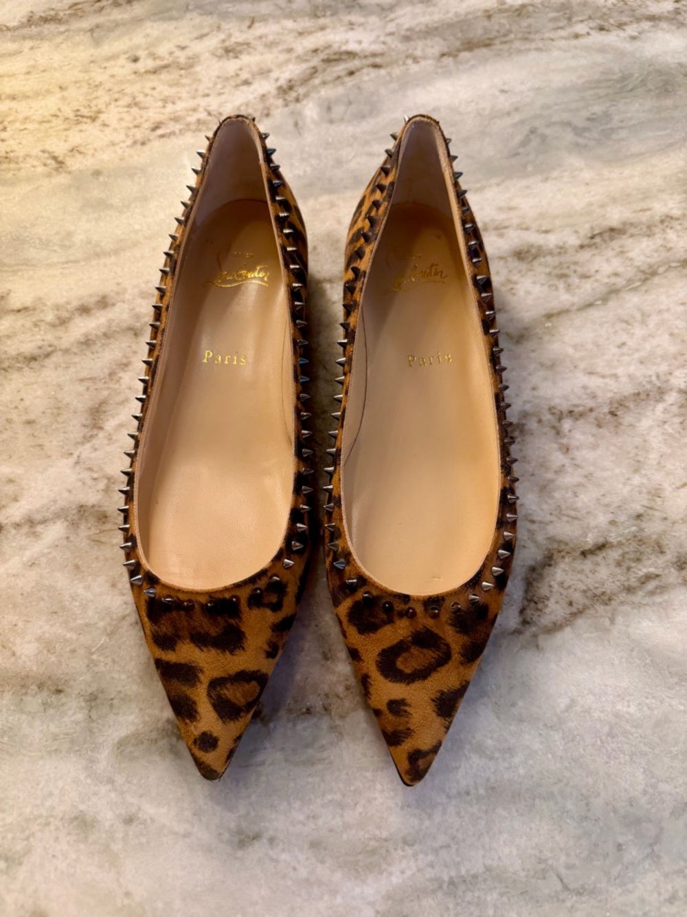 Christian Louboutin Leopard Print Pointed Toe Studded Flats - Brown/Black